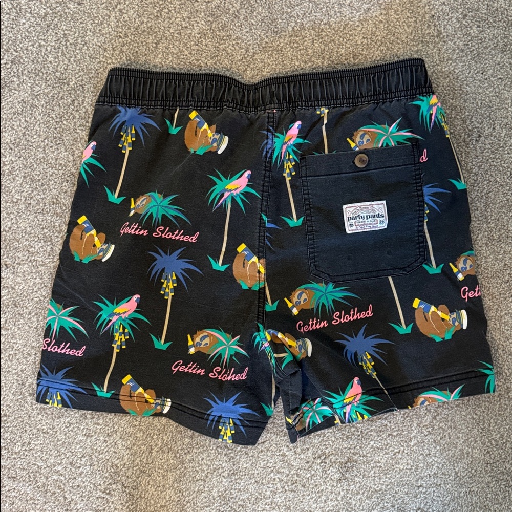 Party Black Tropical Print Men's Swim Trunks - Picture 2 of 2